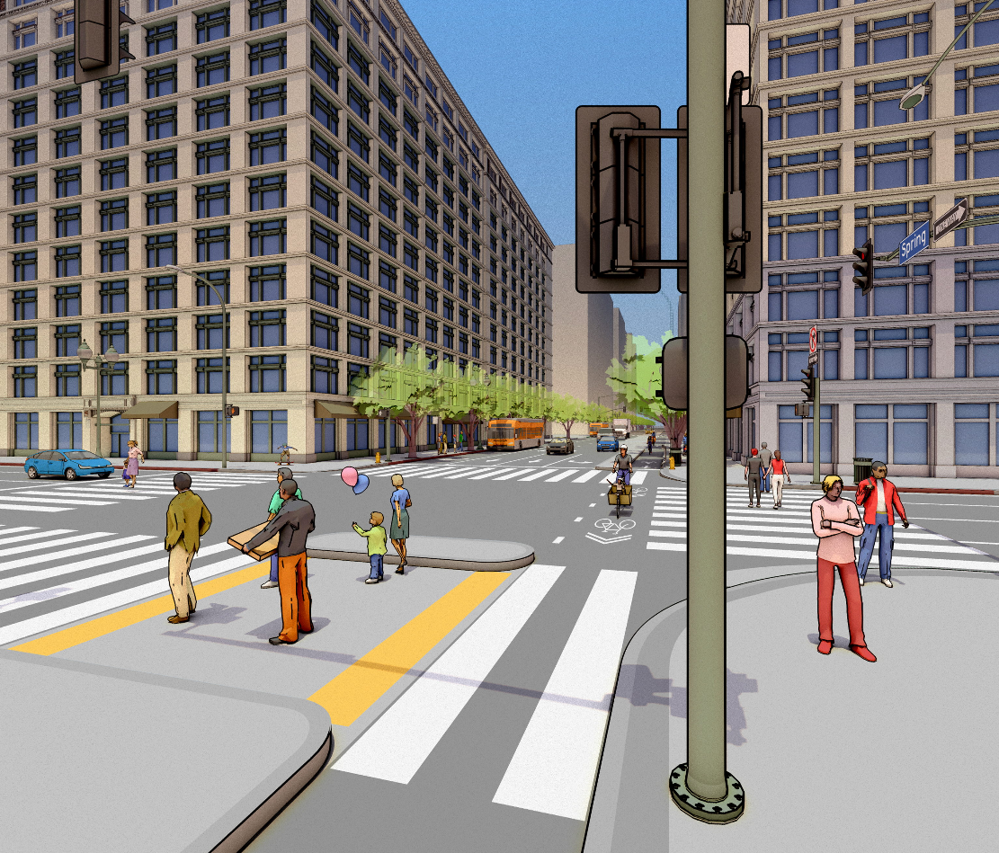 Visualization of Spring Street at 6th Street in Downtown Los Angeles featuring protected bike lane and streetscape improvements