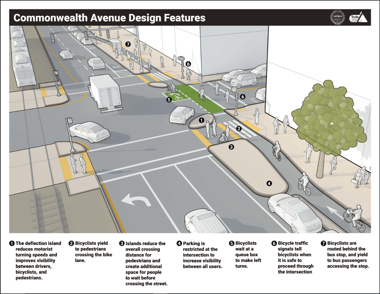Graphic showing design features of Commonwealth Avenue protected bike lanes