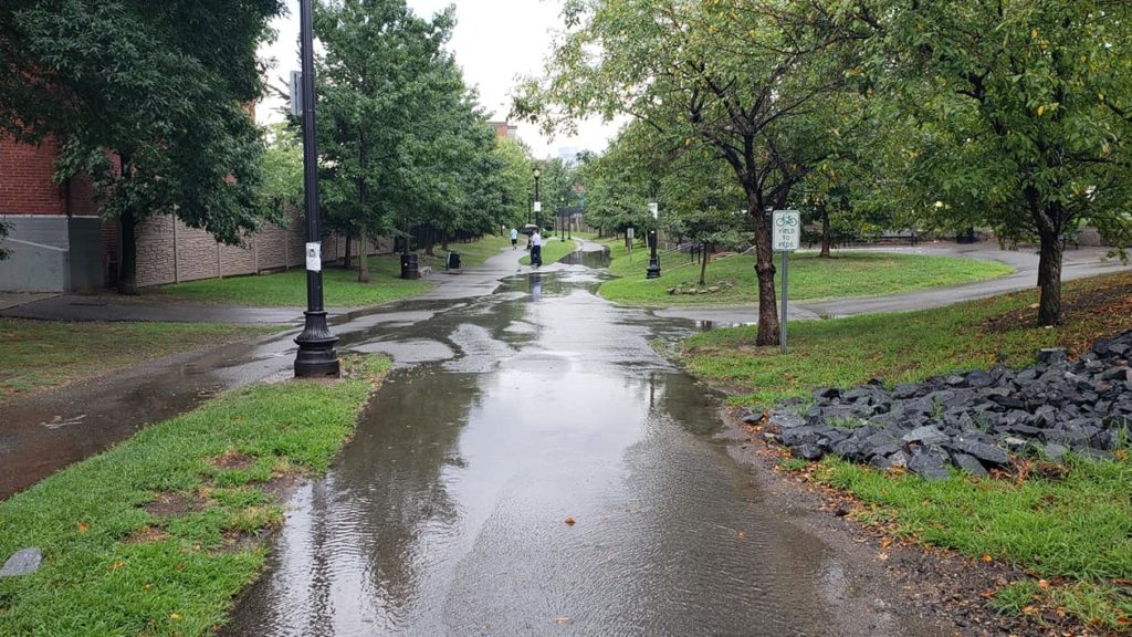 An image of the East Boston Greenway partially submerged, due to rain and poor stormwater management in the surrounding areas.