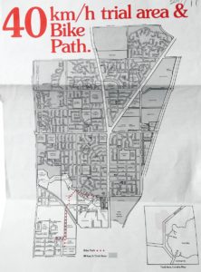 A map of low-speed streets in Geelong, Australia. Part of the Geelong Bike Plan 1977-1982 which featured the Three E's construct, with the addition of Encouragement to promote active transportation.