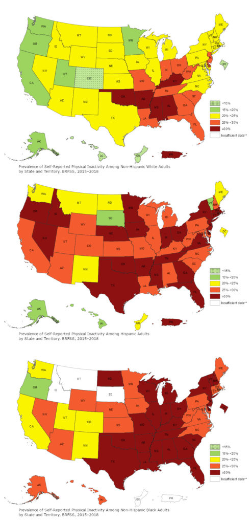 Maps of adult physical inactivity in the United States, broken out by race/ethnicity.