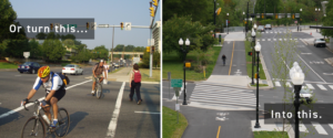 two pictures showing before and after conditions on the Custis Trail at the intersection with Lynn Street in Arlington, VA