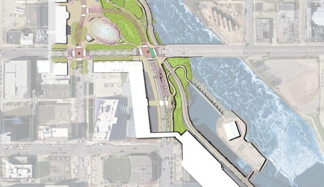 sketch of waterfront redevelopment featuring trail