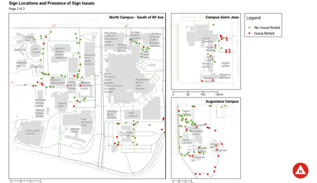 Map analysis of sign locations and presence of sign issues at the University of Alberta Campus