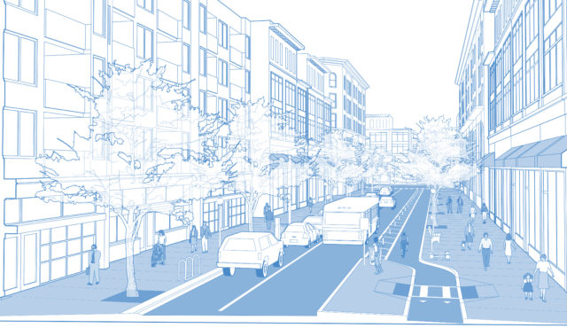 Graphic of one way street with bike lane and widened sidewalks