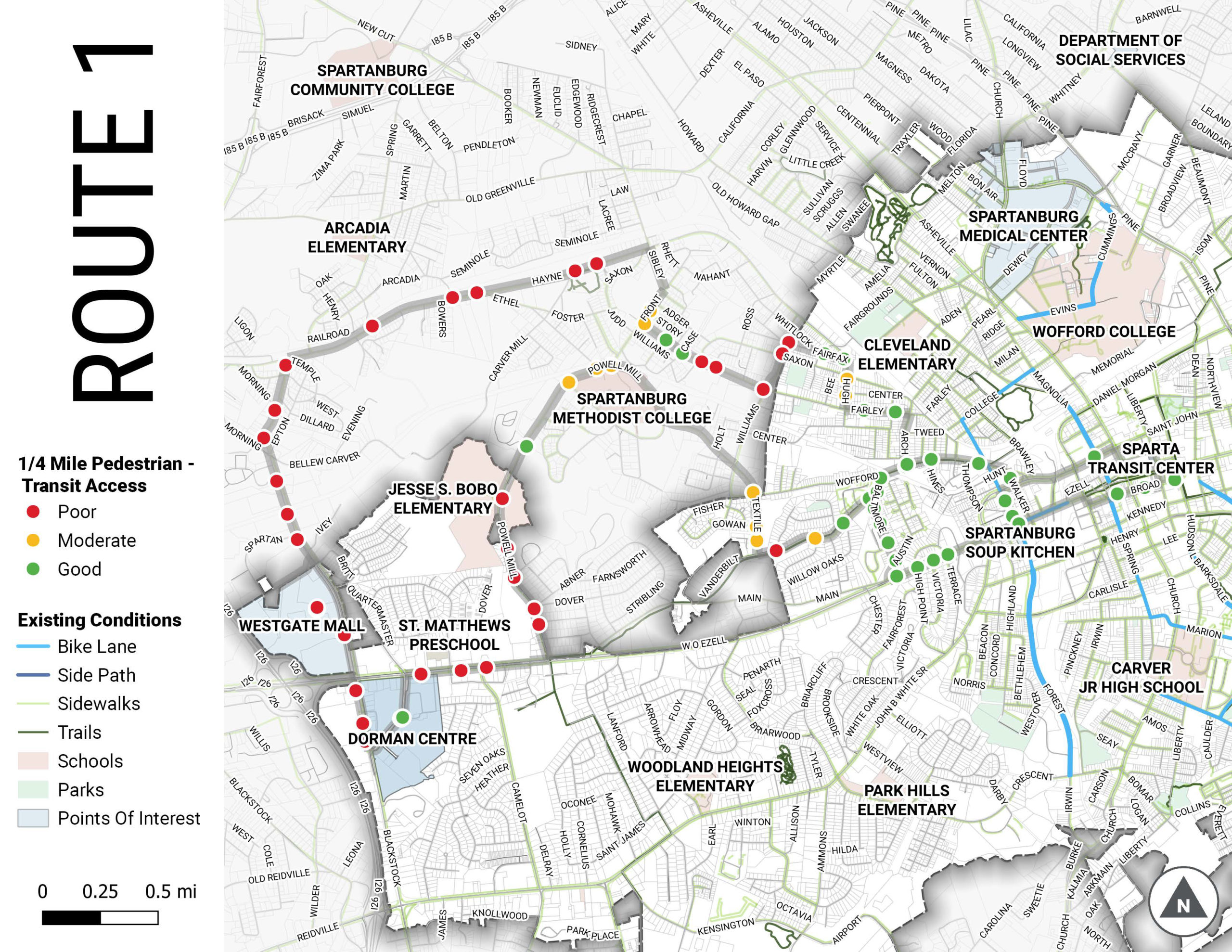 Map showing quality of transit access for pedestrians