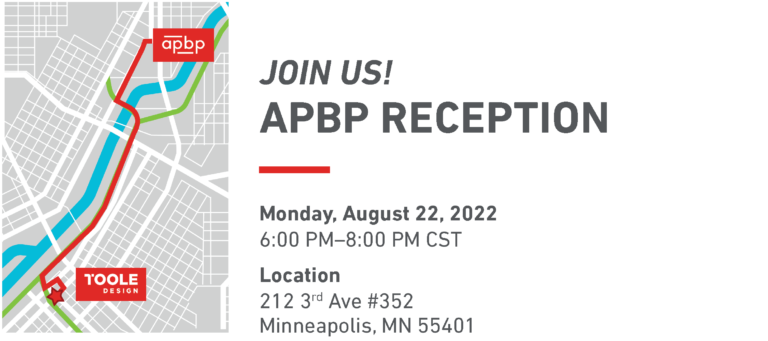 Photo of map and the message: Join Us! APBP Reception, Monday August 22, 2022, 6-8 PM, Location: 212 3rd Avenue #352, Minneapolis, MN