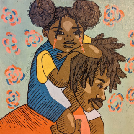Painting of a little Black girl riding on her father's shoulders