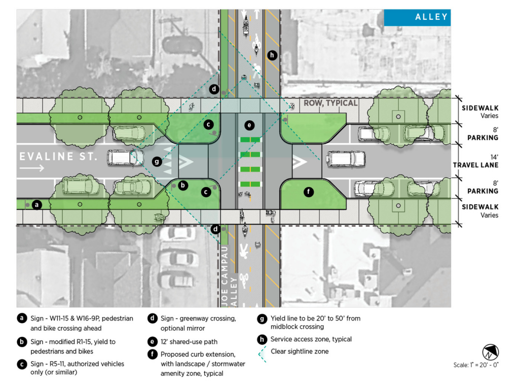 Concept design for an alley as part of the Joe Louis Greenway Framework Plan