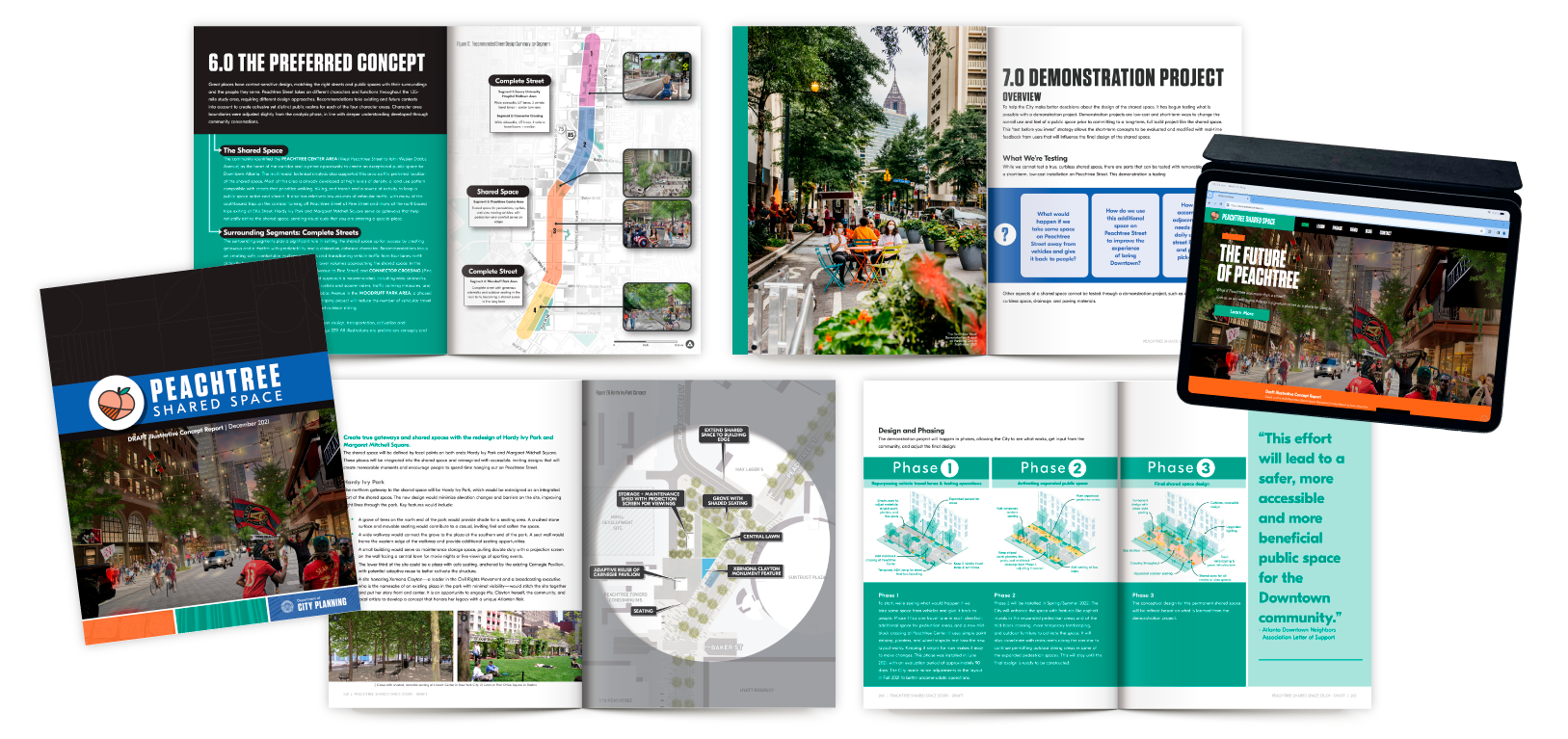 A mockup layout of the Peachtree Shared Space Concept Report highlighting a selected group of pages from the document and project website.