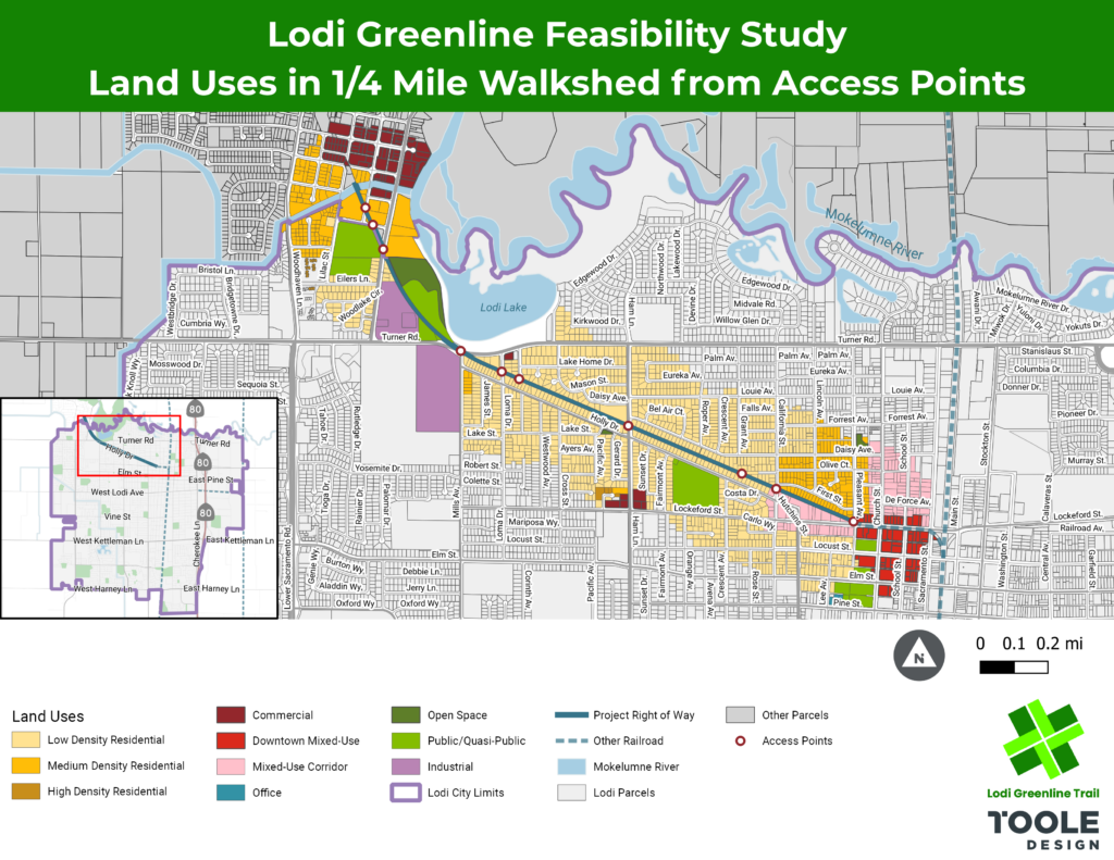 Map of land uses within the 1/4 mile walkshed from Lodi Greenline Trail access points