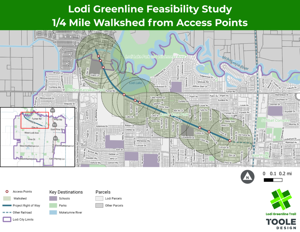 Map of the 1/4 mile walkshed from Lodi Greenline Trail access points