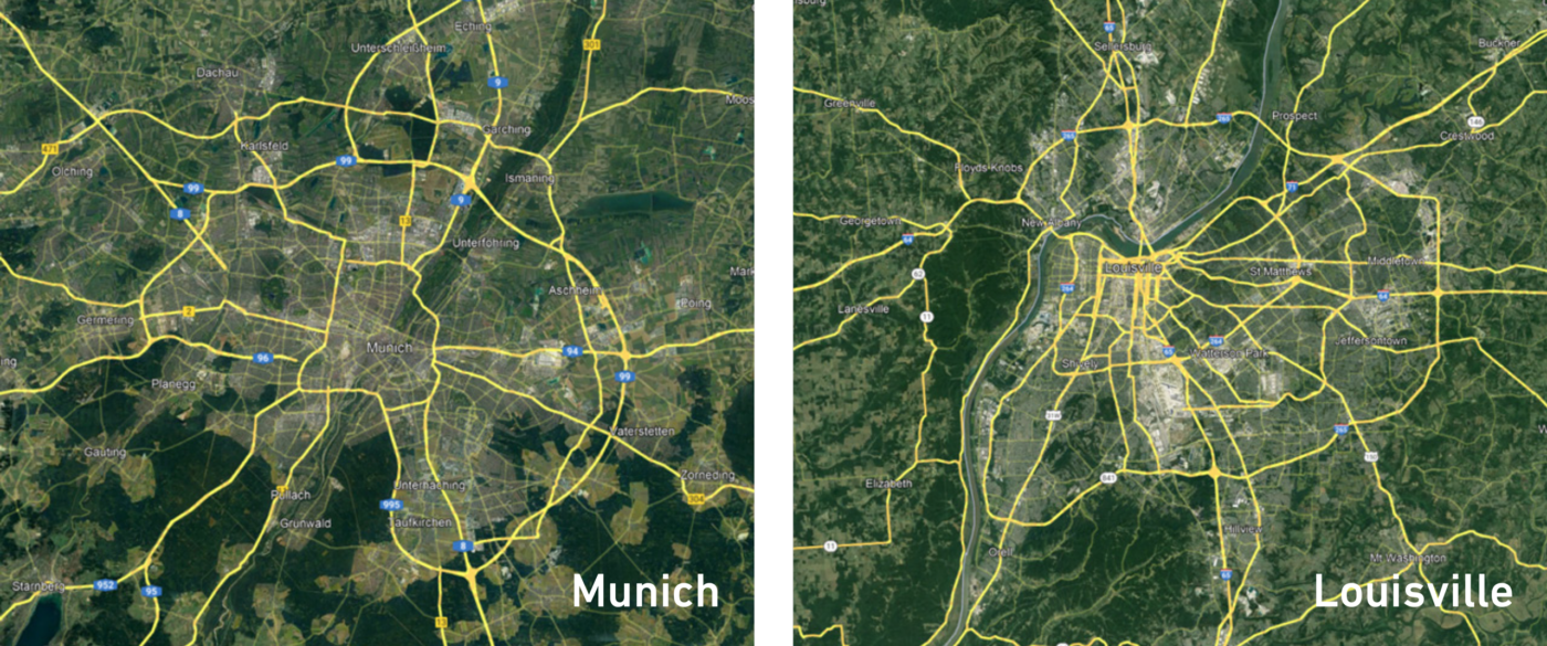 Two aerial maps comparing Germany's Autobahn system in Munich to the highways cutting through Louisville, KY.