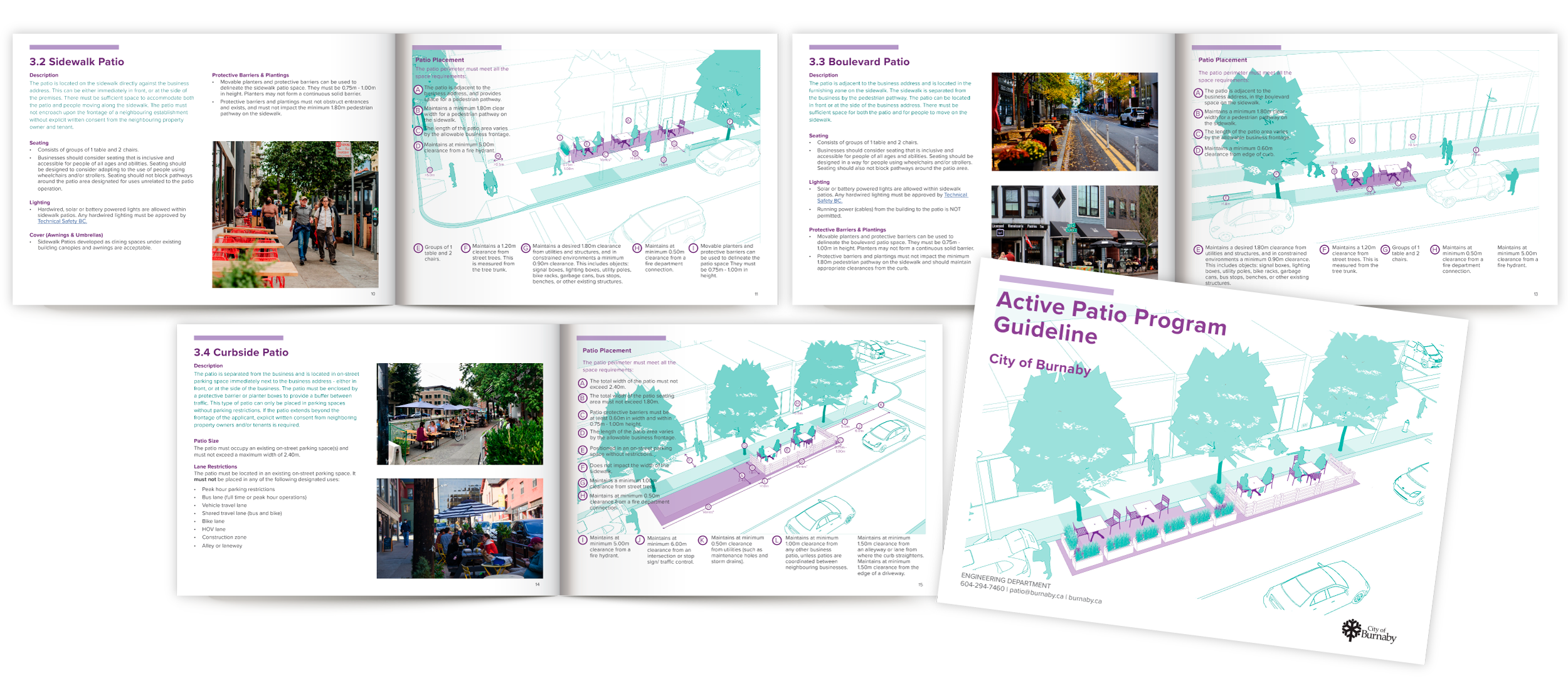 A mockup layout of the Active Patio Program and Patio Design Guidelines featuring a selected group of pages, developed for the City of Burnaby in British Columbia, Canada