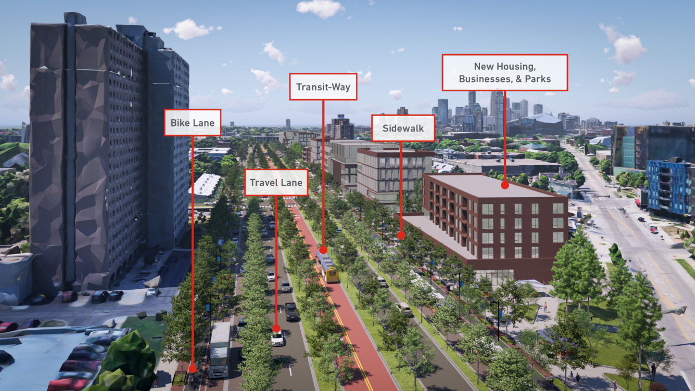 Rendering of I-94 reimagined as a multimodal, human-scaled transit boulevard.
