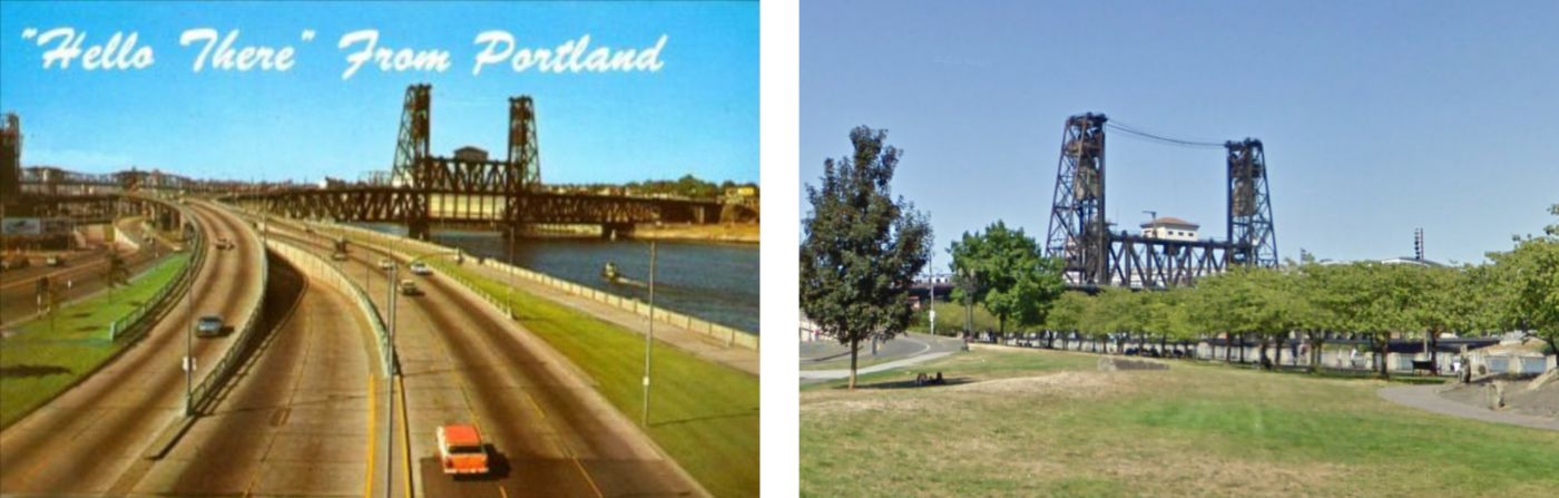 Before/after comparison of the removal of Harbor Drive in Portland, OR.