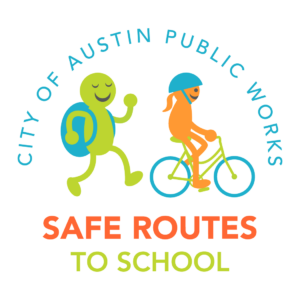 Logo of the City of Austin Public Works' Safe Routes to School program, featuring a green figure walking with a backpack and an orange figure riding a bicycle.