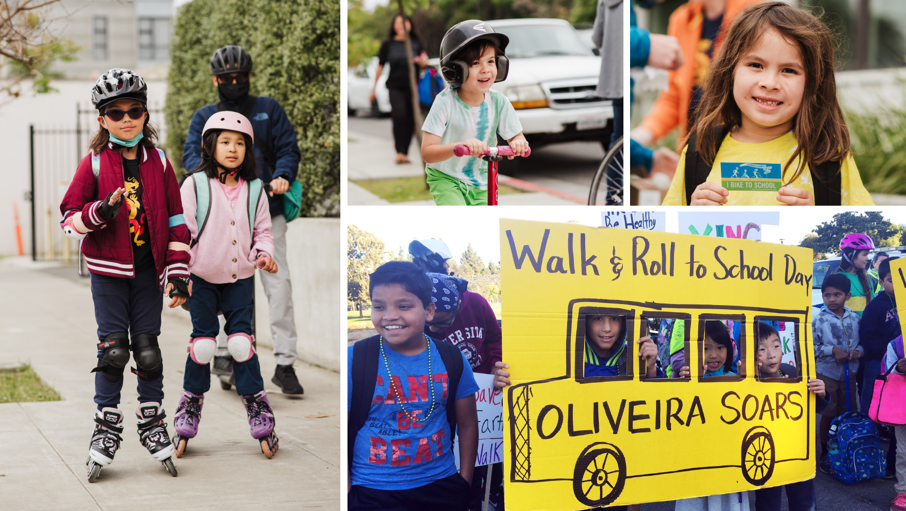 A collage of elementary-age students walking, biking, and rolling to schools part of the Alameda County Safe Routes Schools program system.