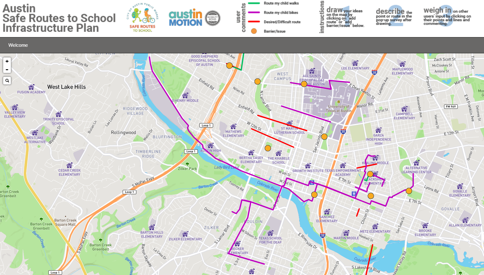 WikiMap for the Austin Safe Routes to School Infrastructure Plan, showing routes and barriers for children who walk and bike to school.