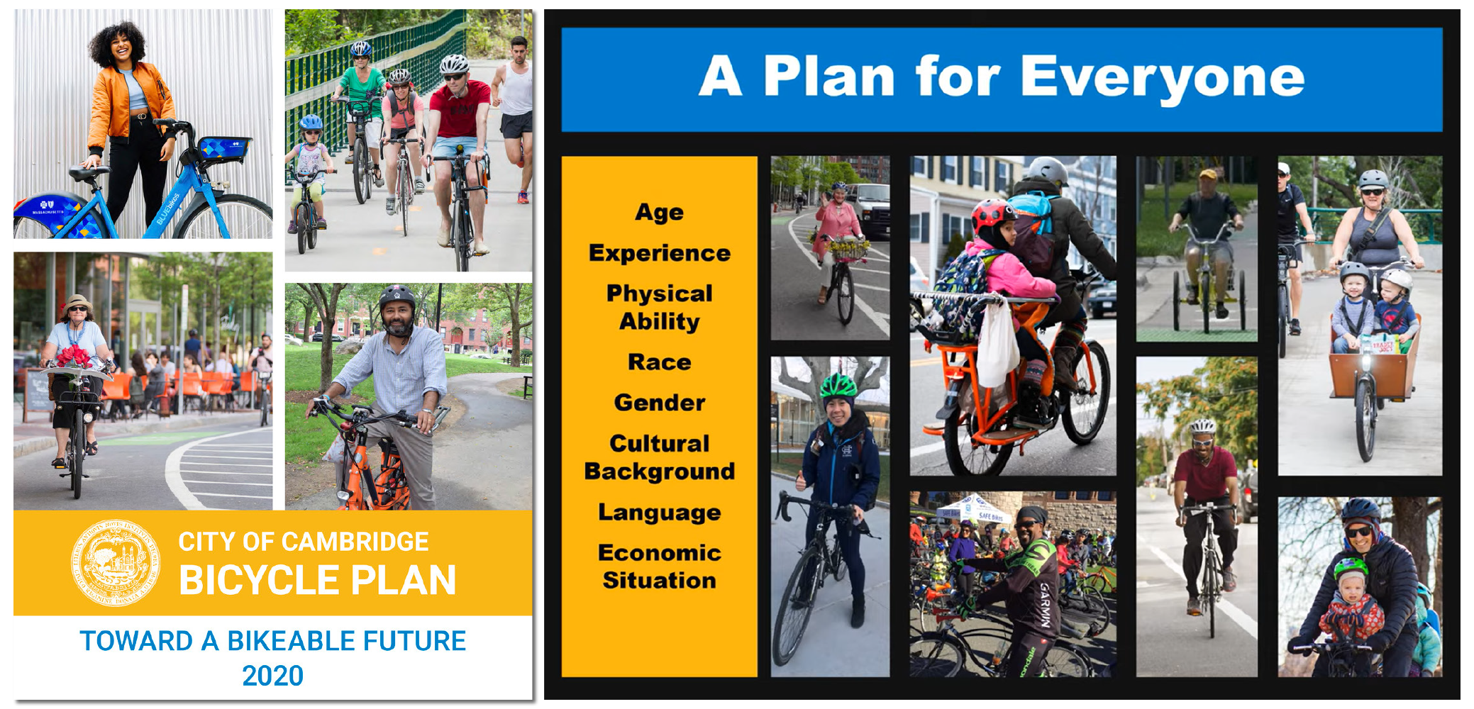 A graphic with the cover of the Cambridge Bike Plan Update on the left and a still from the project video highlighting an All Ages, Abilities, and Identities approach.