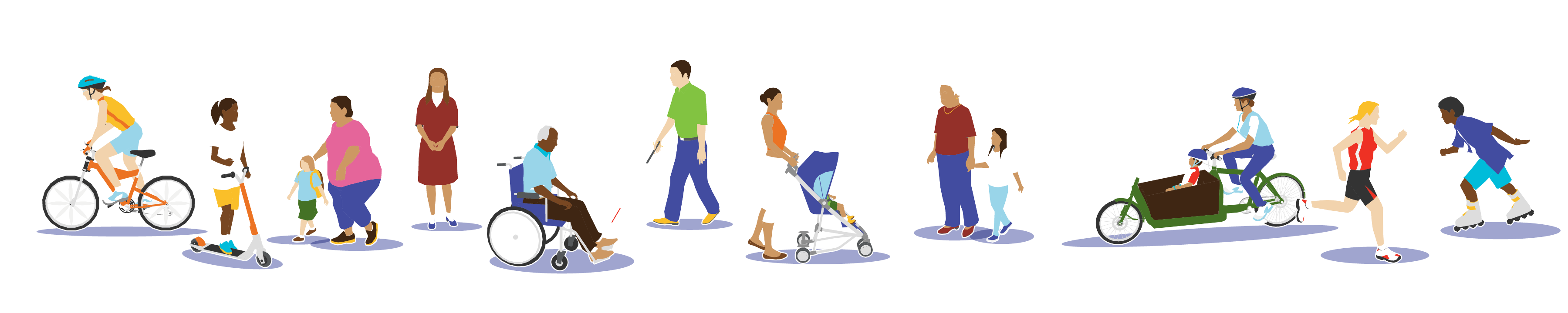 Illustrated people types depicting all ages, abilities, and identities engaging in active transportation.