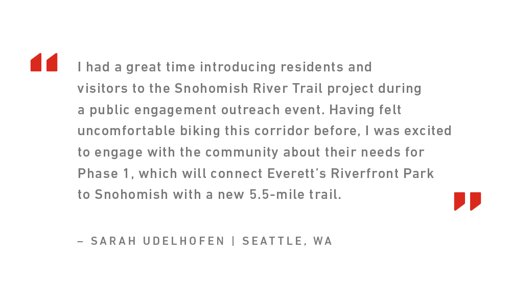 Quote from 2024 Toole Design Intern Sarah Udelhofen that reads, "I had a great time introducing residents and visitors to the Snohomish River Trail project during a public engagement outreach event. Having felt uncomfortable biking this corridor before, I was excited to engage with the community about their needs for Phase 1, which will connect Everett’s Riverfront Park to Snohomish with a new 5.5-mile trail."