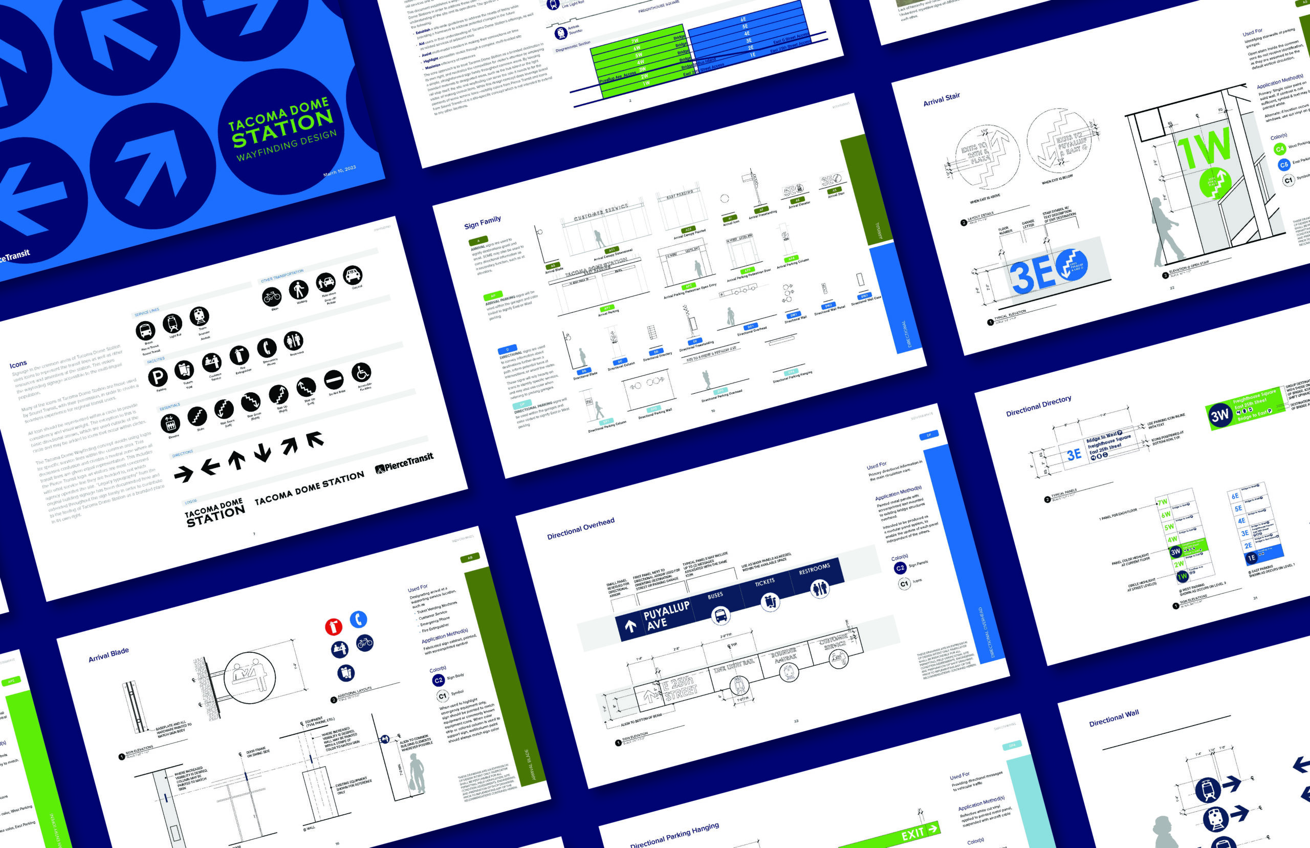 Page spreads from the final Tacoma Dome Station Wayfinding Design Guide.