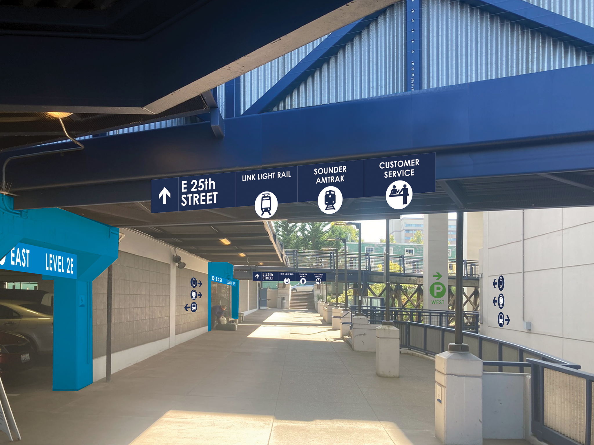 A concept rendering of new multimodal wayfinding in Tacoma Dome Station's central corridor.