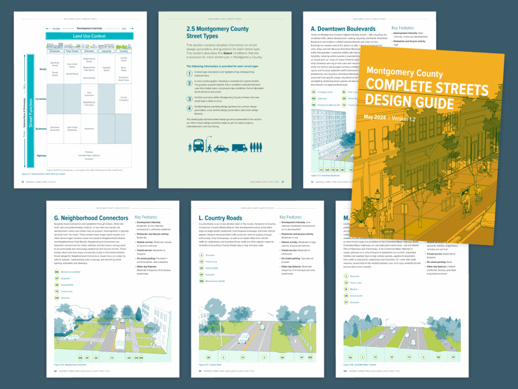 Spread of pages from the Montgomery County Complete Streets Design Guide
